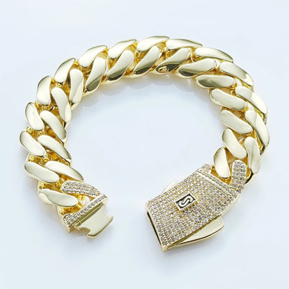 Hot sale 14k gold plated mans chain iced out clasp necklace miami 12/15/20mm brass cuban link chain for men.