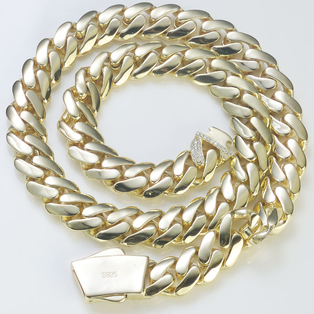 New 925 Silver Chain Iced Out VVS Moissanite Clasp Real 14K Gold Plated 12mm 15mm Cuban Link Necklace Jewelry